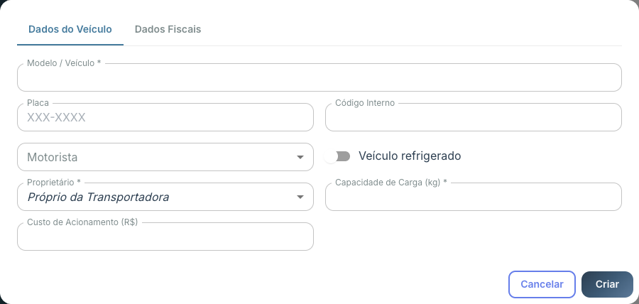 Modal Veículo — aba Dados do Veículo com Modelo, Placa, Código, Motorista, switch refrigerado, Proprietário (Próprio da Transportadora + lista) e Capacidade em kg