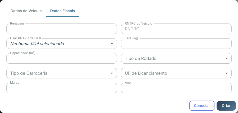 Modal Veículo — aba Dados Fiscais com Renavam, RNTRC (e Usar RNTRC da Filial), Tara, Capacidade em m³, Tipo de Rodado, Tipo de Carroceria, UF, Marca e Ano
