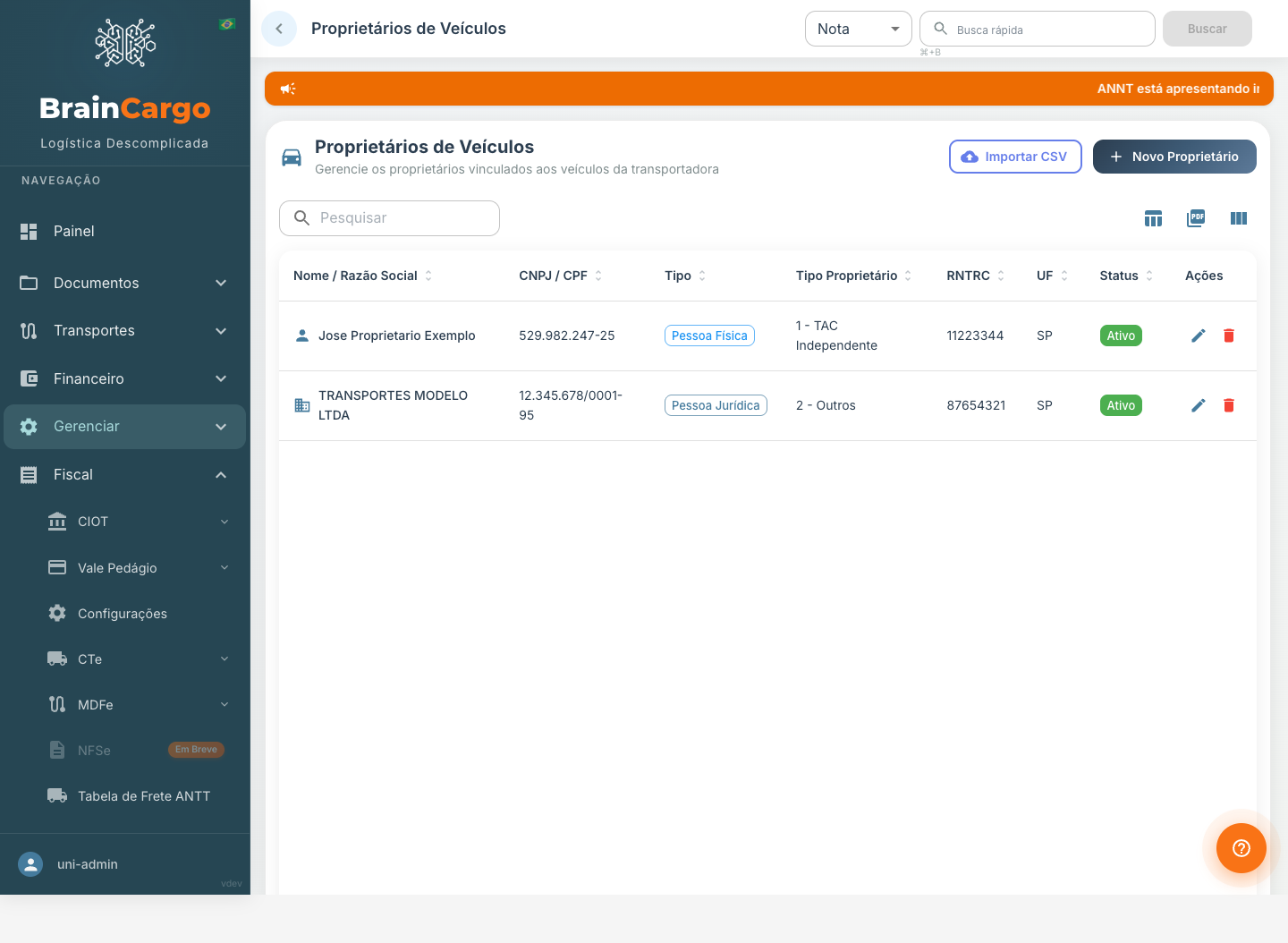 Tela de Proprietários com a tabela e os botões Importar CSV e Novo Proprietário (dados mascarados)