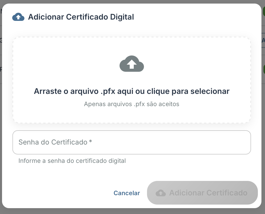 Modal Adicionar Certificado Digital com área de upload do arquivo .pfx e campo de senha