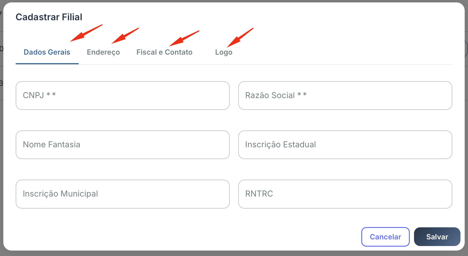 Modal Cadastrar Filial mostrando as abas Dados Gerais, Endereço, Fiscal e Contato e Logo