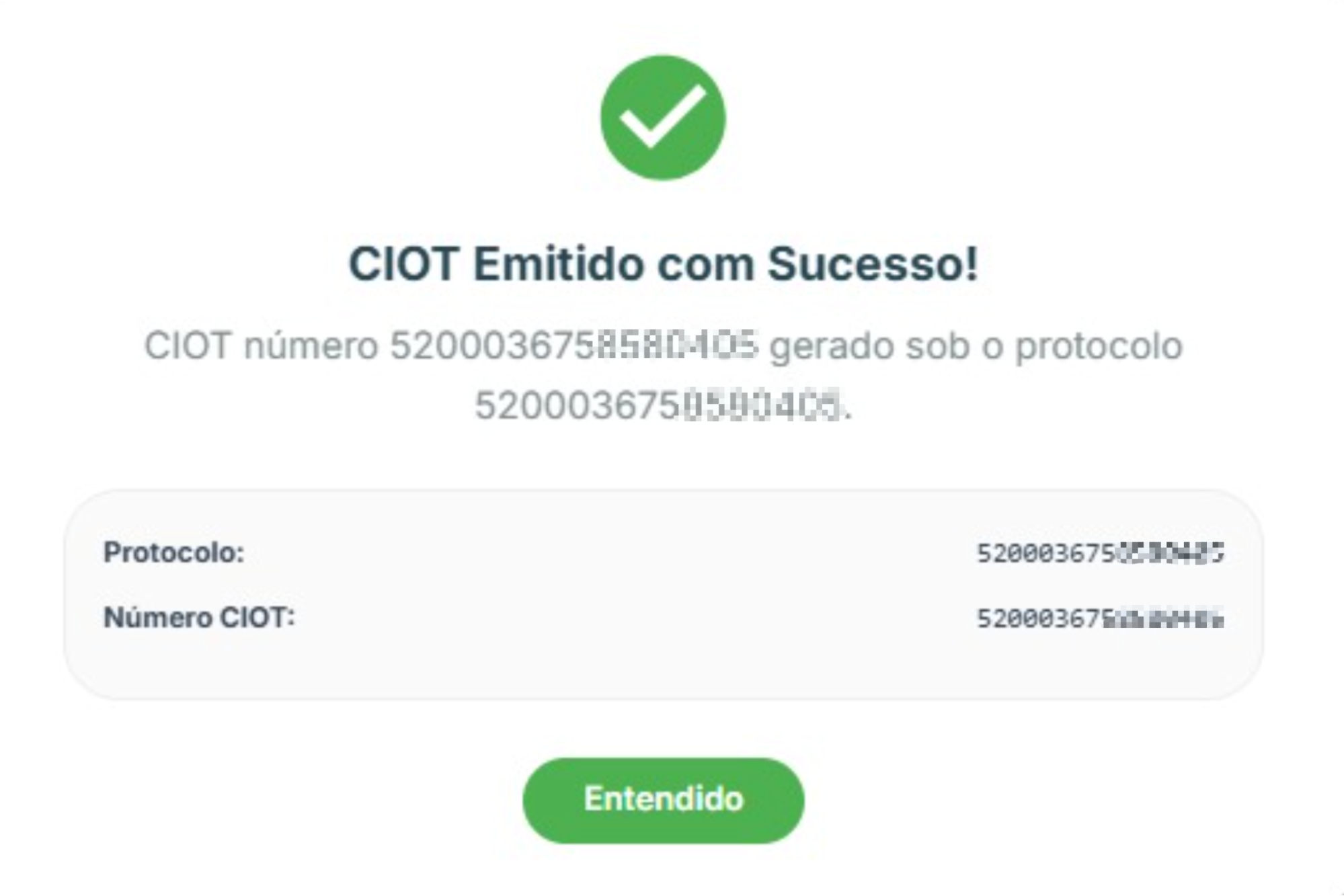 Modal de retorno da emissão do CIOT