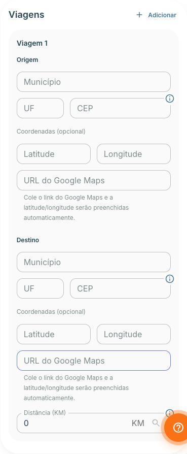 Card Viagens no modo CEP, com Origem e Destino por Município, UF e CEP, a distância e os campos de coordenadas bloqueados; dados fictícios