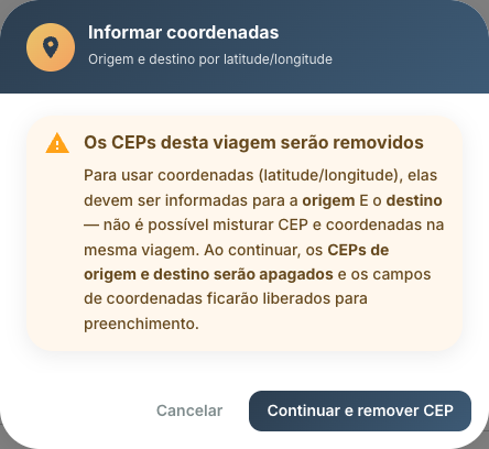 Card Viagens no modo coordenadas com o aviso de que os CEPs da viagem serão removidos ao usar latitude/longitude; dados fictícios