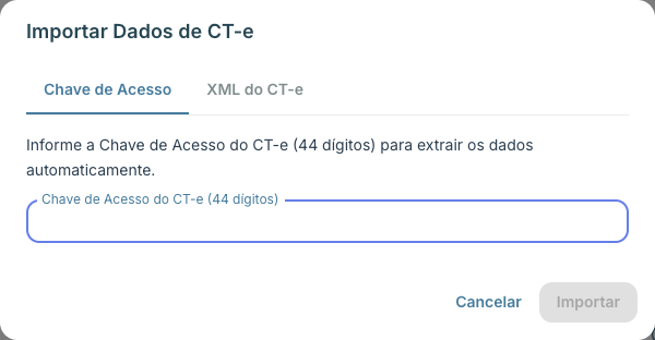 Modal Importar Dados de CT-e com as abas Chave de Acesso e XML do CT-e; chave mascarada ou fictícia