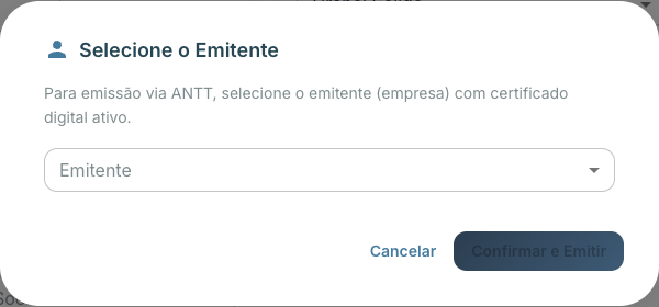 Modal Selecione o Emitente com a filial de certificado ativo e o status da geração do número do CIOT; CNPJ mascarado ou fictício