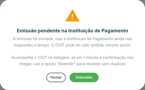 Resultado pendente, orientando acompanhar na listagem e usar Reemitir após cerca de 1 minuto; dados fictícios