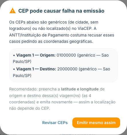 Diálogo CEP pode causar falha na emissão, listando o CEP genérico/inexistente e os botões Revisar CEPs e Emitir mesmo assim; dados fictícios