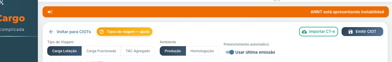 Barra de topo com o grupo Tipo de Viagem, o seletor de Ambiente, o switch Usar última emissão e o botão de ajuda dos tipos de viagem