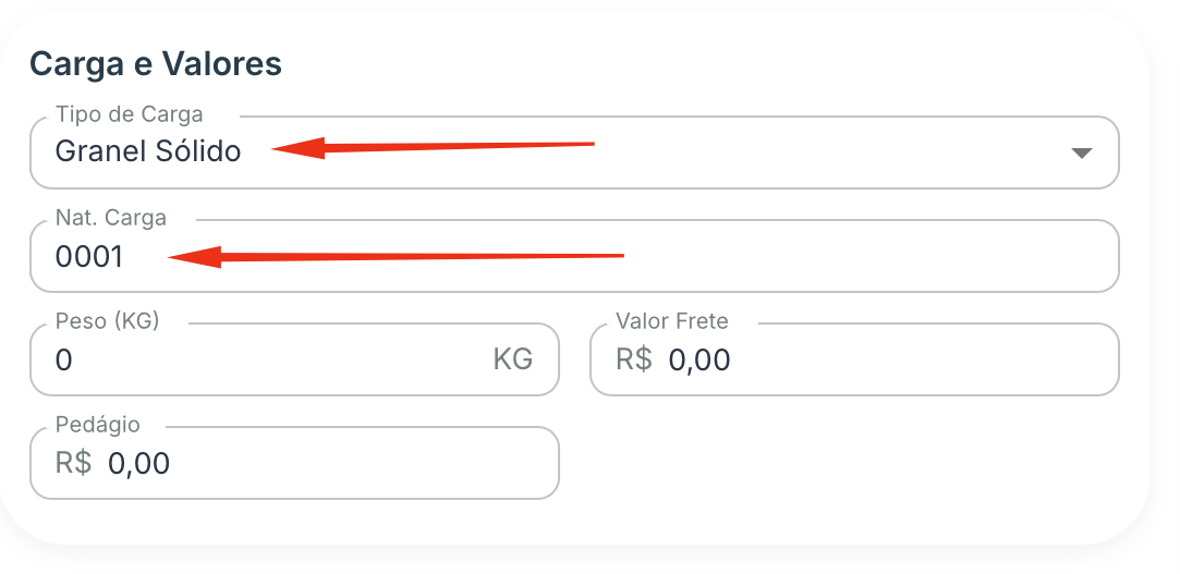 Campos de natureza e tipo da carga