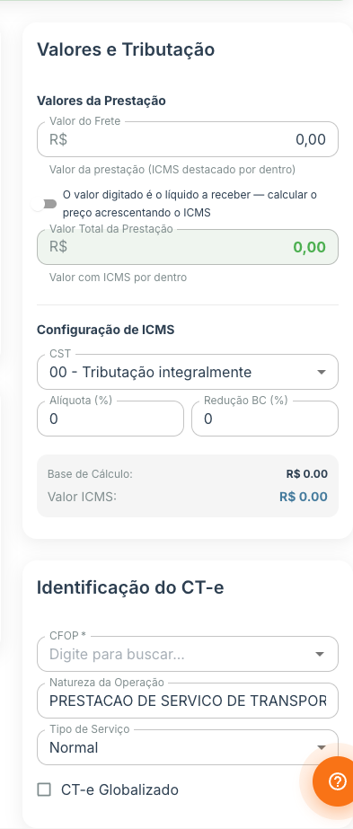 Cartão Valores e Tributação com o campo Valor do Frete, o switch de frete líquido e o campo verde Valor Total da Prestação (somente leitura), com o auxílio de ICMS por dentro