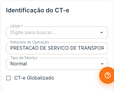 Cartão Identificação do CT-e com o seletor de CFOP, o campo Natureza da Operação, o select Tipo de Serviço e o checkbox CT-e Globalizado