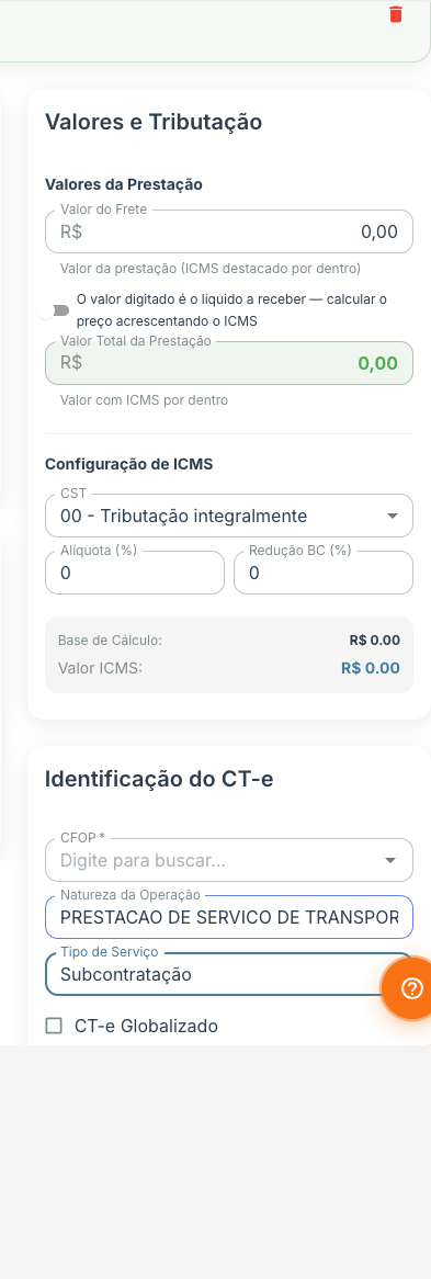 Bloco Documento(s) de Transporte Anterior, com os campos de chave do CT-e anterior, razão social e IE, e o botão Adicionar; chave mascarada