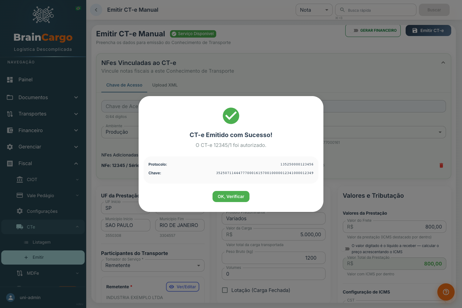 Modal de resultado de sucesso, CT-e Emitido com Sucesso, exibindo Protocolo, Chave e Status; dados mascarados