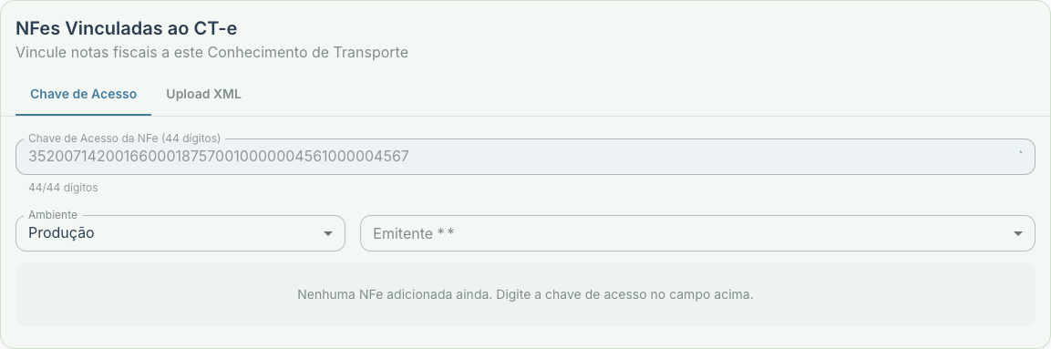 Lista de NF-es adicionadas mostrando uma nota com o chip Não localizada, indicando preenchimento manual de valor e peso; chave mascarada