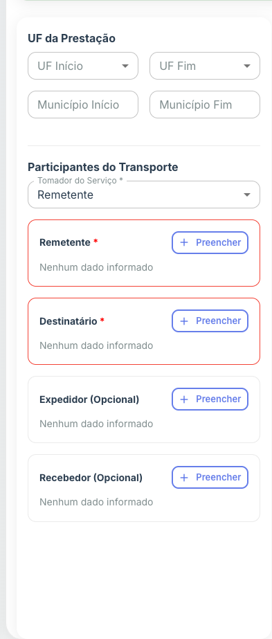 Campos de UF e Município de início e fim, com selects de UF e o código IBGE exibido como auxílio abaixo do campo de município