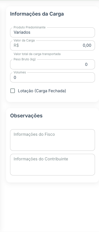Coluna Informações da Carga com os campos Produto Predominante, Valor da Carga, Peso Bruto em kg, Volumes e o checkbox Lotação (Carga Fechada)