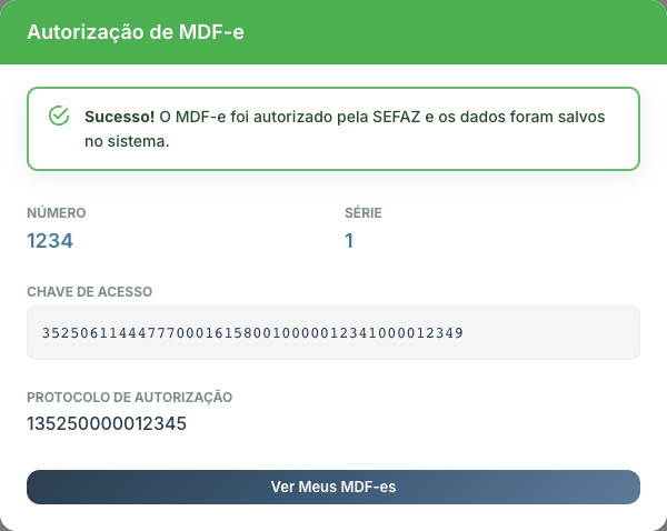 Diálogo de sucesso Autorização de MDF-e com Número, Série, Chave de Acesso e Protocolo; valores mascarados/fictícios