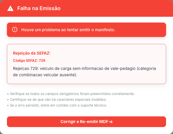 Diálogo de falha com a rejeição da SEFAZ (código e motivo) e os botões Tentar Novamente e Corrigir e Re-emitir; dados mascarados/fictícios