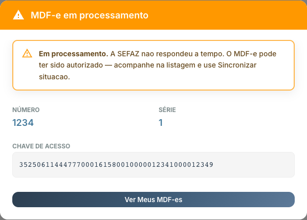 Diálogo MDF-e em processamento, orientando acompanhar na listagem e usar Sincronizar; dados mascarados/fictícios