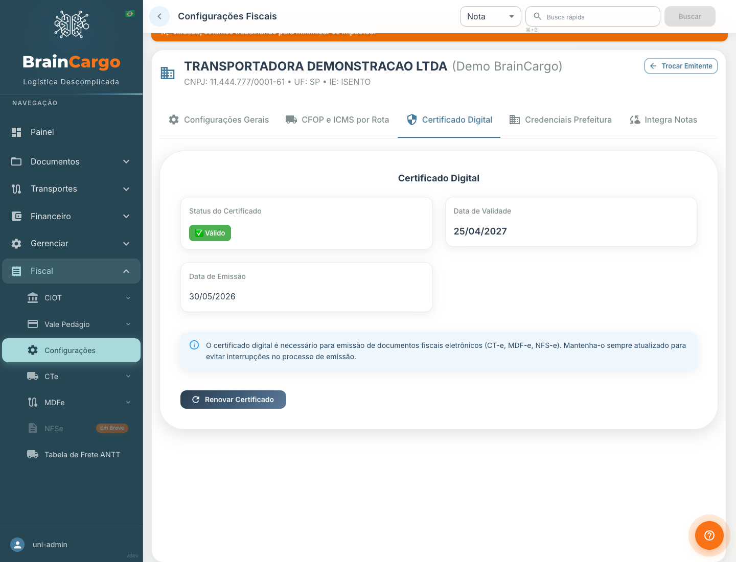 Aba Certificado Digital com chip de status, validade e botão Renovar Certificado (titular mascarado)
