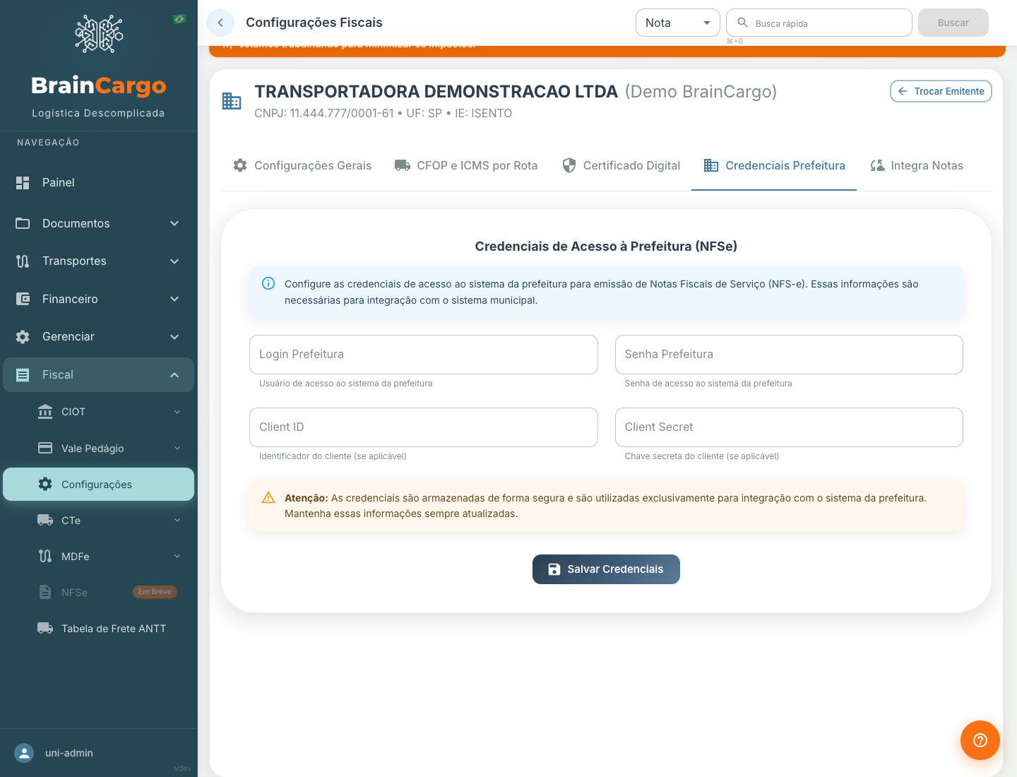 Aba Credenciais Prefeitura com Login, Senha, Client ID e Client Secret (dados fictícios)