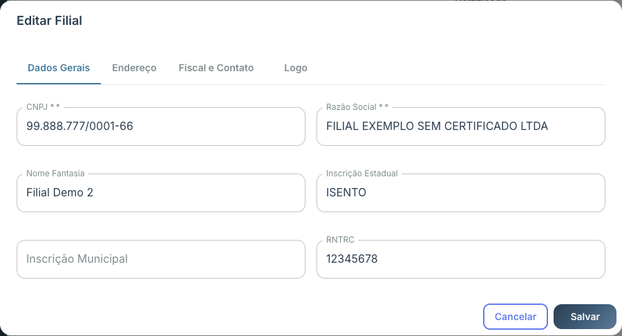 Cadastro da Filial mostrando onde ficam o RNTRC e o regime tributário/CRT (dados mascarados)