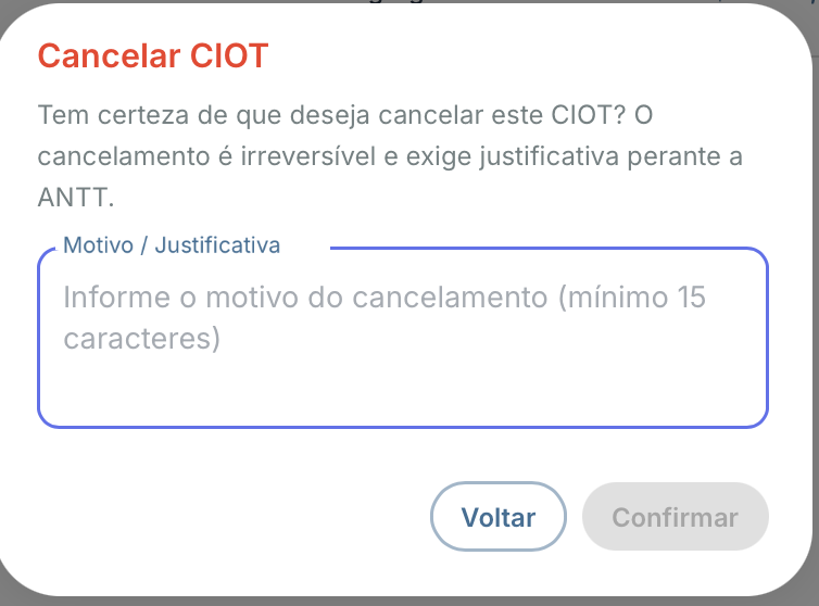 Modal de cancelamento do CIOT