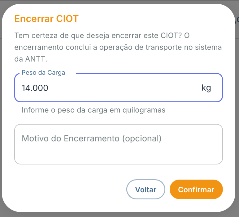 Modal de confirmação do encerramento