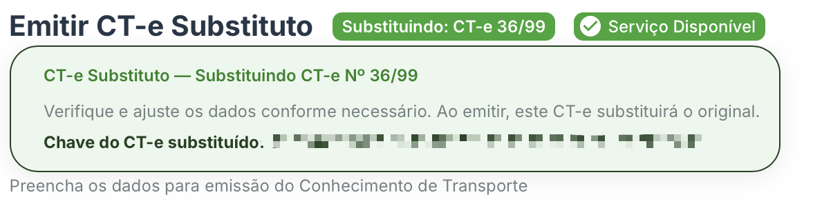 Tela de emissão com o indicador de CT-e substituto