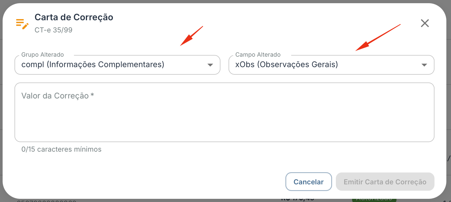 Modal de carta de correção: escolha do grupo e do campo