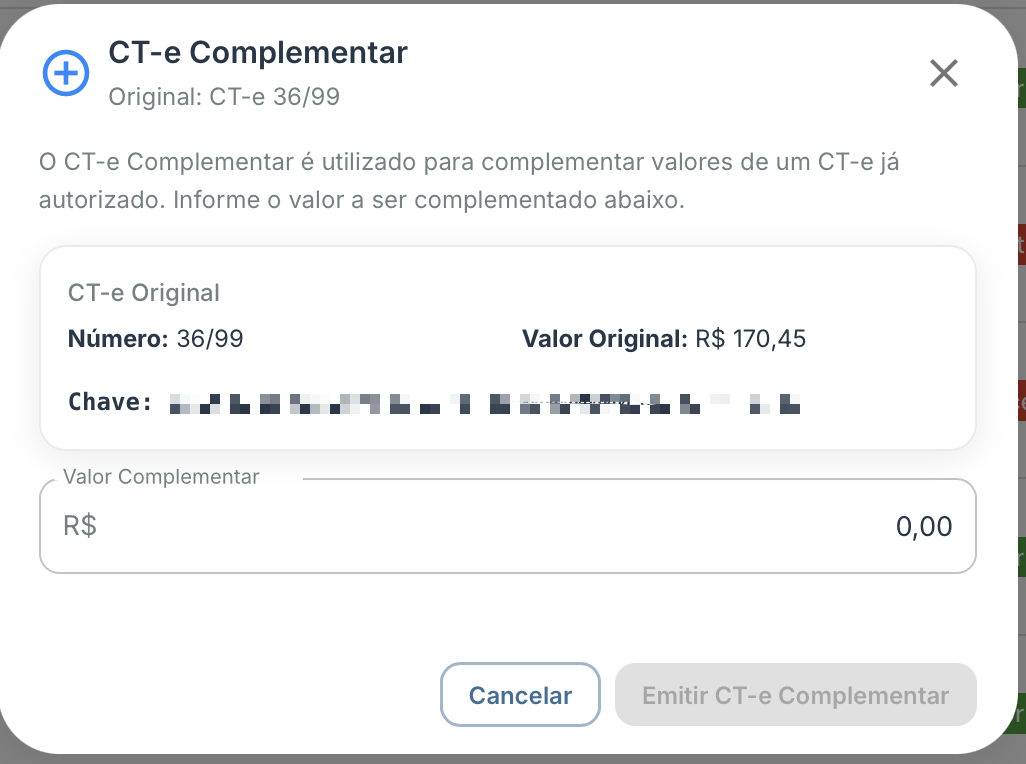 Modal de CT-e complementar: informe o valor complementar