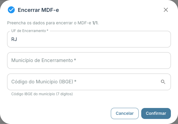 Modal de Encerramento do MDF-e com os campos UF de Encerramento, Município de Encerramento e Código do Município (IBGE) com o botão de busca do código
