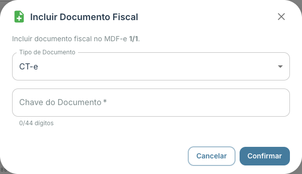 Modal Incluir Documento Fiscal com o seletor de Tipo de Documento (CT-e / NF-e) e o campo Chave do Documento de 44 dígitos; chaves mascaradas ou fictícias