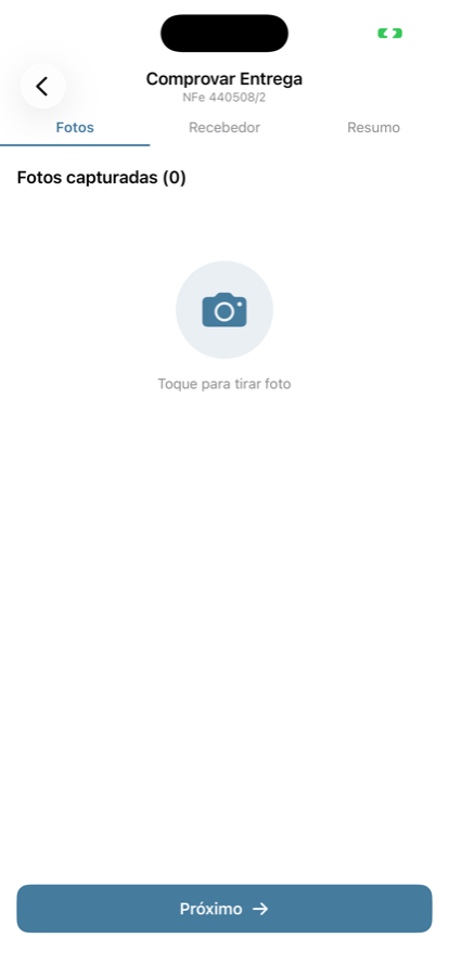 Tela de comprovação de entrega no app BrainCargo, com abas Fotos, Recebedor e Resumo